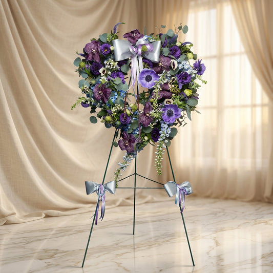 Heart-shaped purple orchid and anemone funeral wreath on a wire stand with silver bows - TJ Flowers NYC