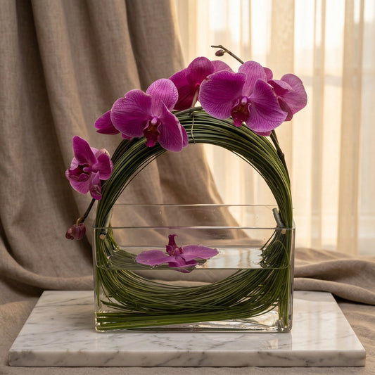 Modern fuchsia phalaenopsis orchid arrangement in a clear glass vase with looped grass - TJ Flowers NYC