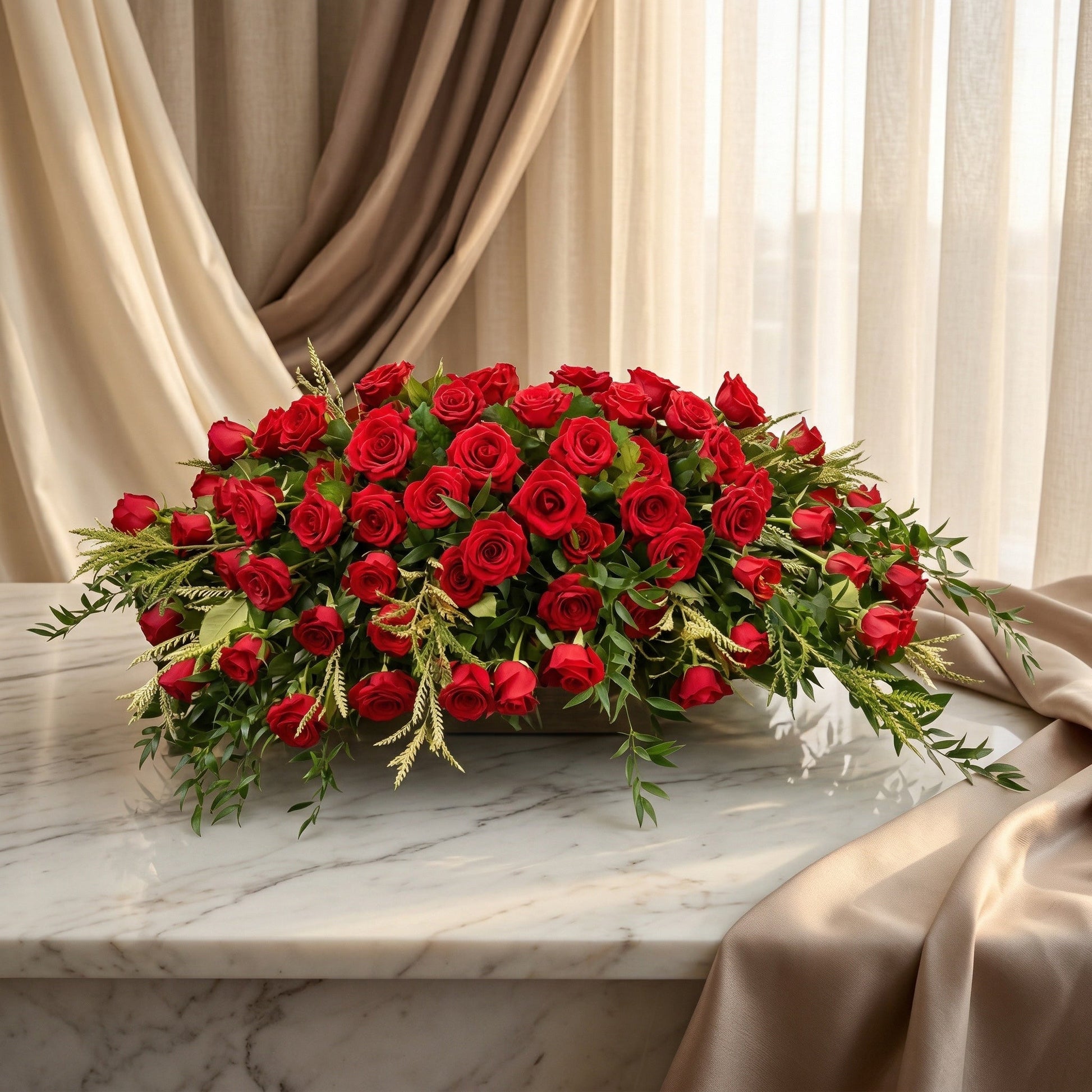 A large, low arrangement of vibrant red roses and greenery on a marble table. - TJ Flowers NYC
