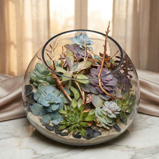 A glass terrarium with various succulents, sand, and decorative branches - TJ Flowers NYC