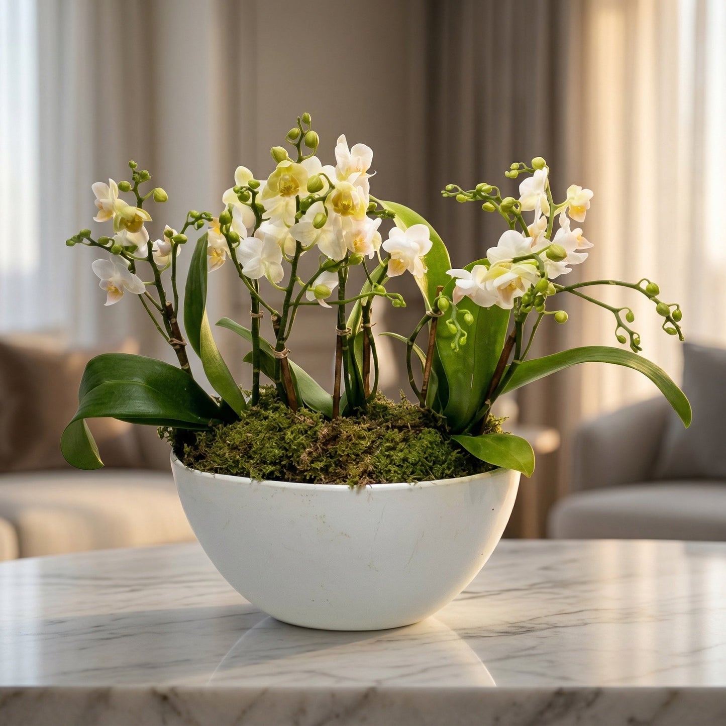 White mini orchid plants in a white bowl with green moss - TJ Flowers NYC