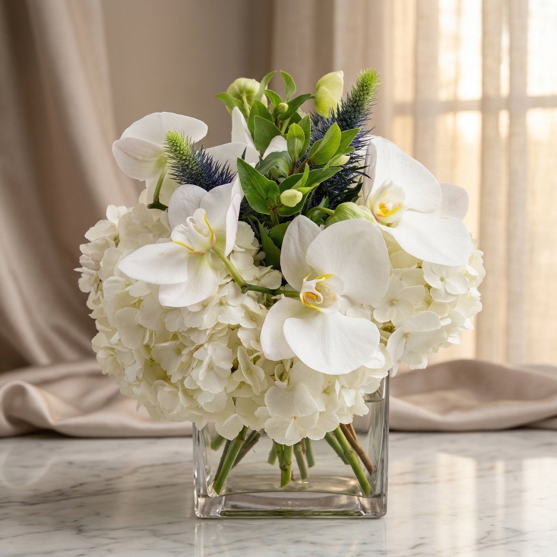 White phalaenopsis orchids and hydrangeas with blue thistle in a square glass vase - TJ Flowers NYC