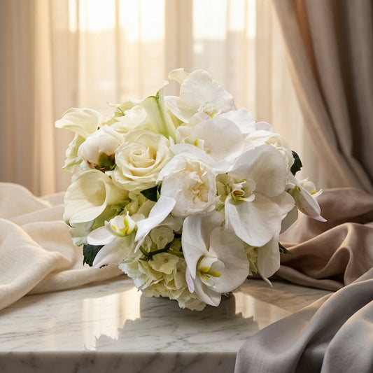 Elegant white bouquet with orchids, roses, peonies, and hydrangeas on marble - TJ Flowers NYC