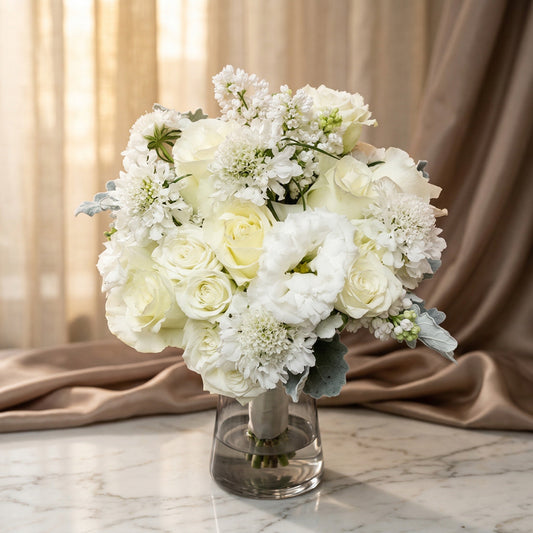 Elegant white rose and scabiosa bouquet in a clear glass vase on marble - TJ Flowers NYC