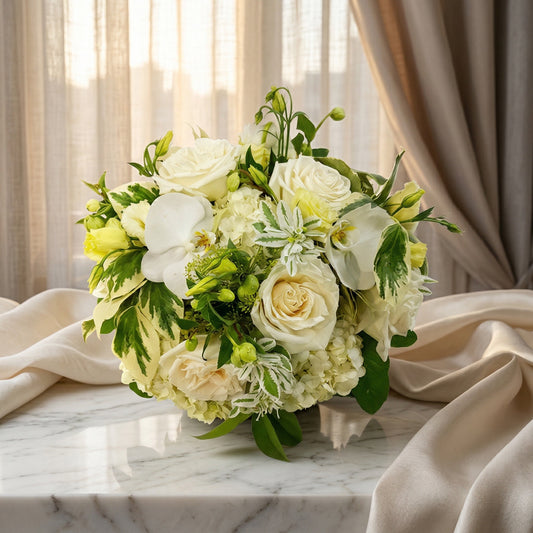 Elegant white rose, orchid, and hydrangea bouquet with green foliage on marble - TJ Flowers NYC