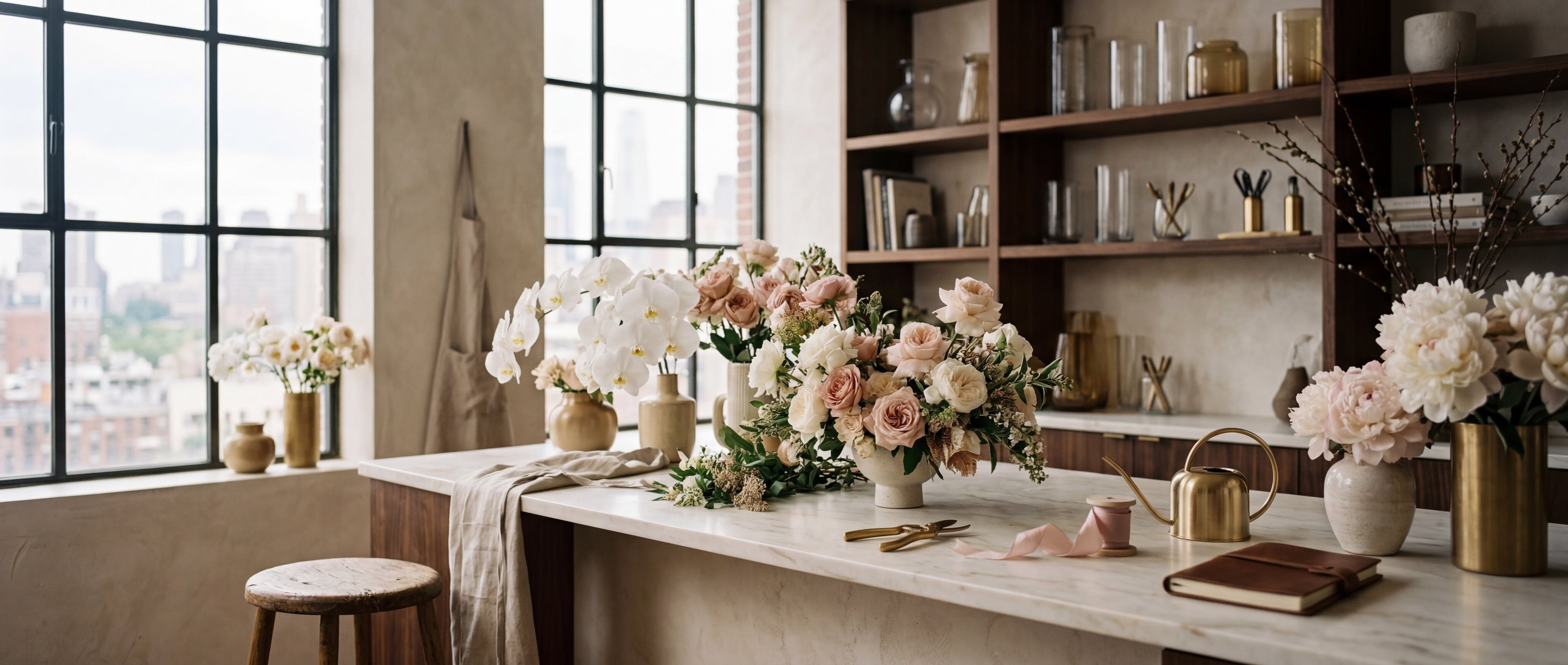 Luxury floral arrangements in a NYC loft studio by TJ Flowers, featuring orchids, roses, and peonies.