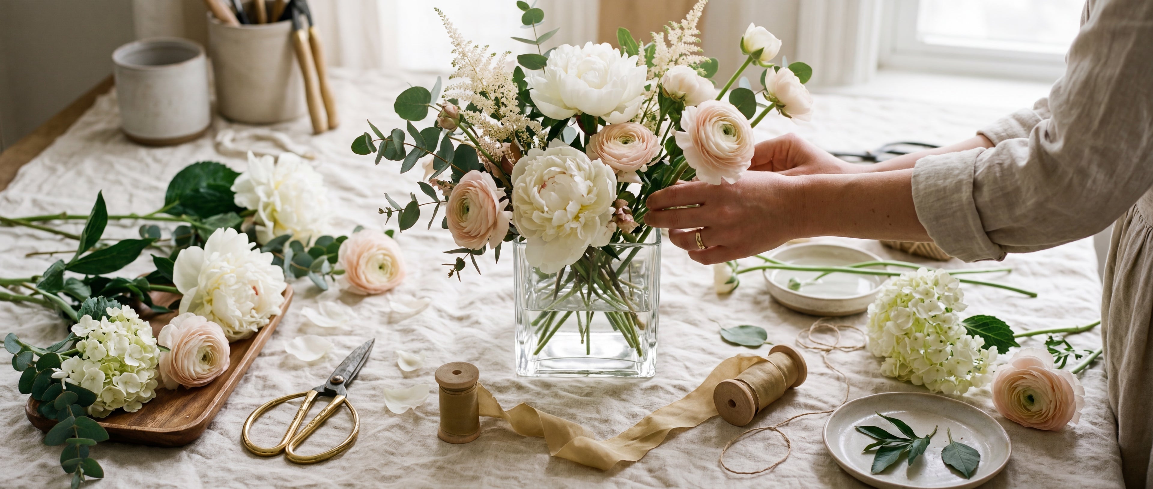 Florist arranging a luxury bouquet of peonies and ranunculus in a glass vase, by TJ Flowers.