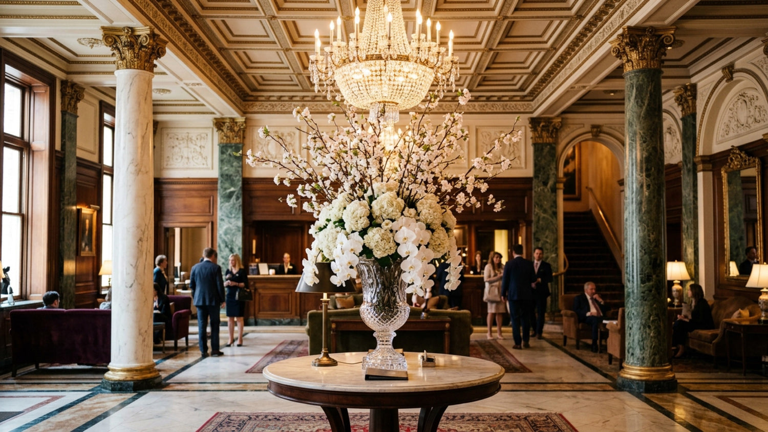 Grand statement arrangement of white hydrangeas, orchids and cherry branches in a crystal urn in a classic Manhattan luxury hotel lobby — TJ Flowers NYC hotel florist