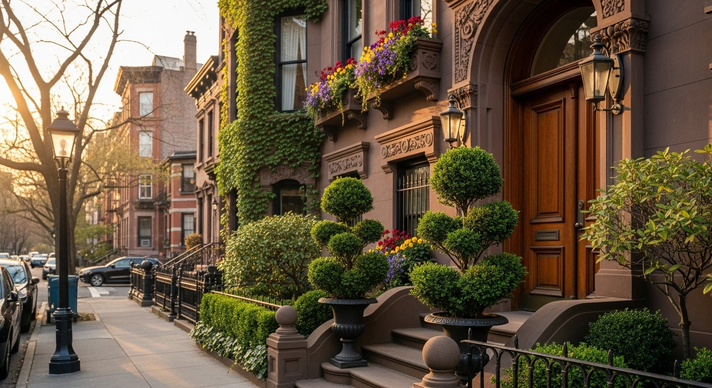 Professional landscaping at Manhattan brownstone entrance - TJ Flowers