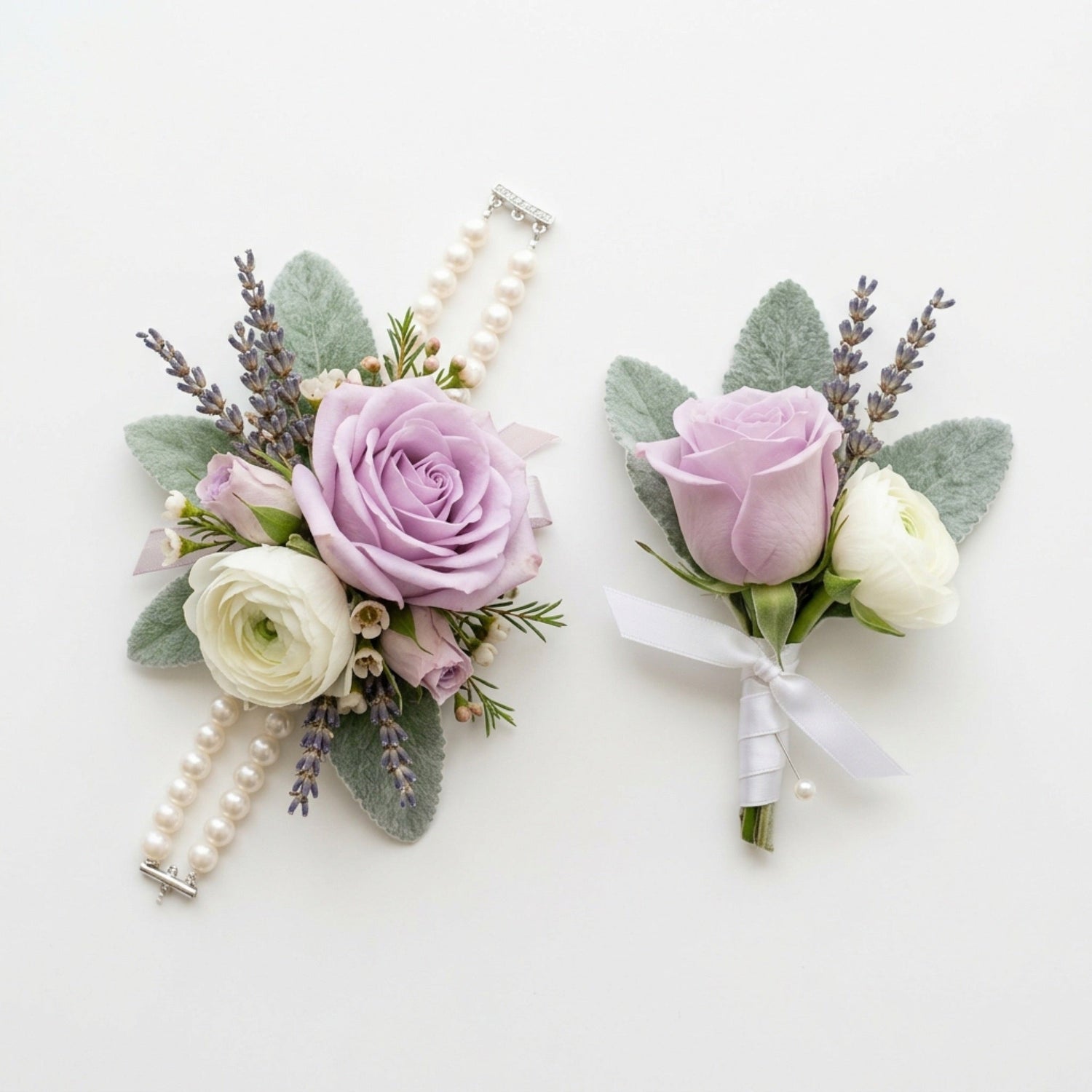 Lavender corsage and boutonniere set by TJ Flowers NYC