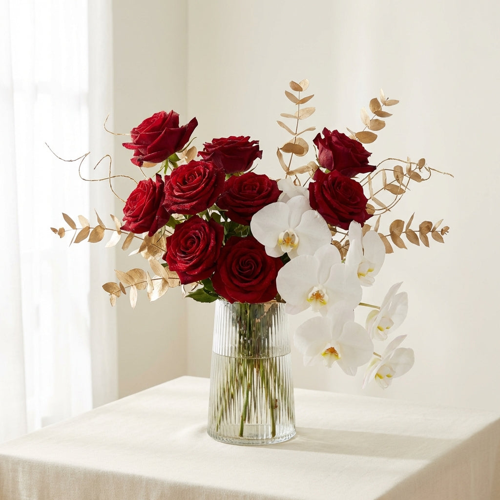 Elegant anniversary floral arrangement with red roses and orchids by TJ Flowers NYC