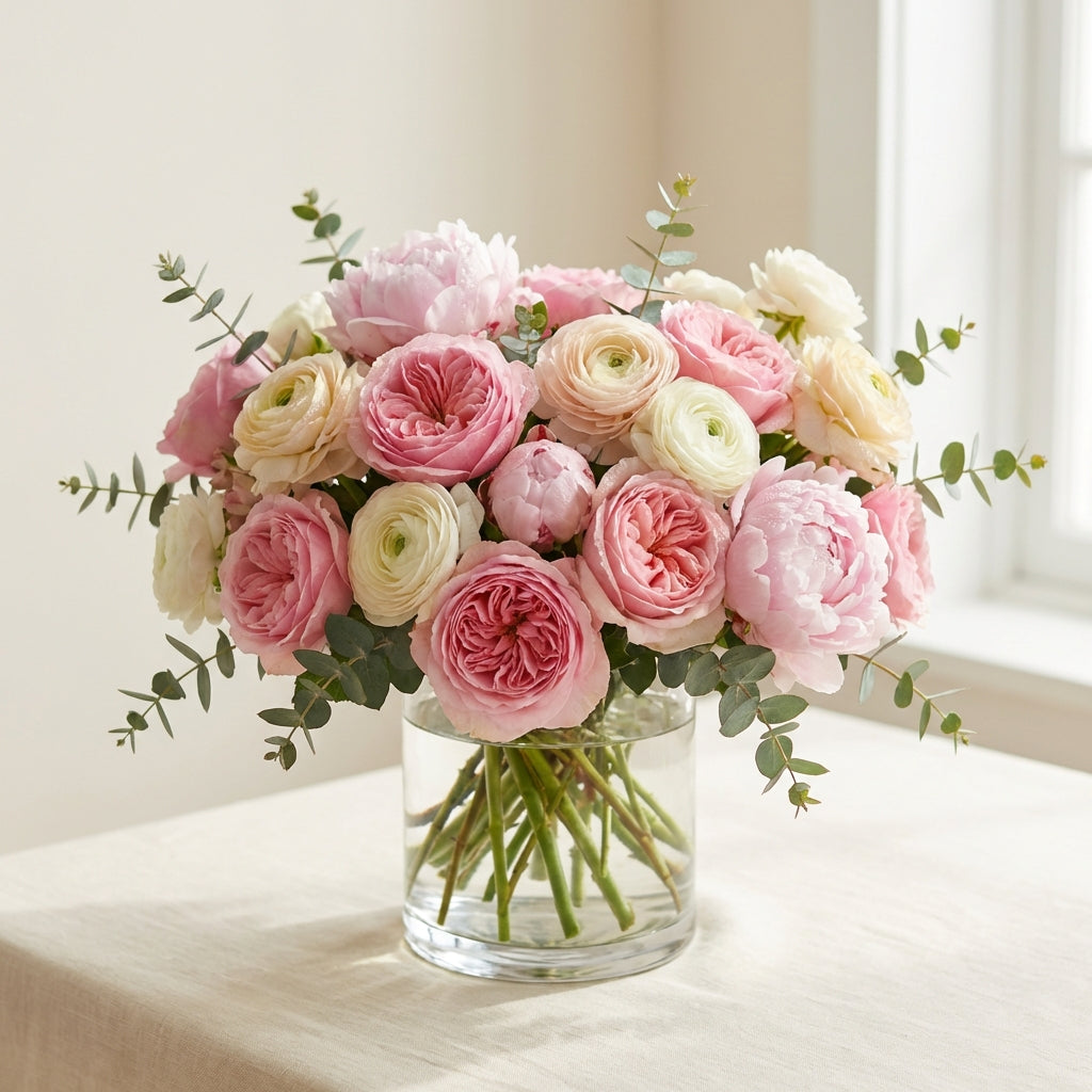 Luxury birthday flower bouquet with pink roses and peonies by TJ Flowers NYC