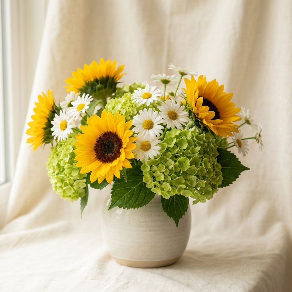 Cheerful get well flower arrangement with sunflowers and daisies by TJ Flowers NYC