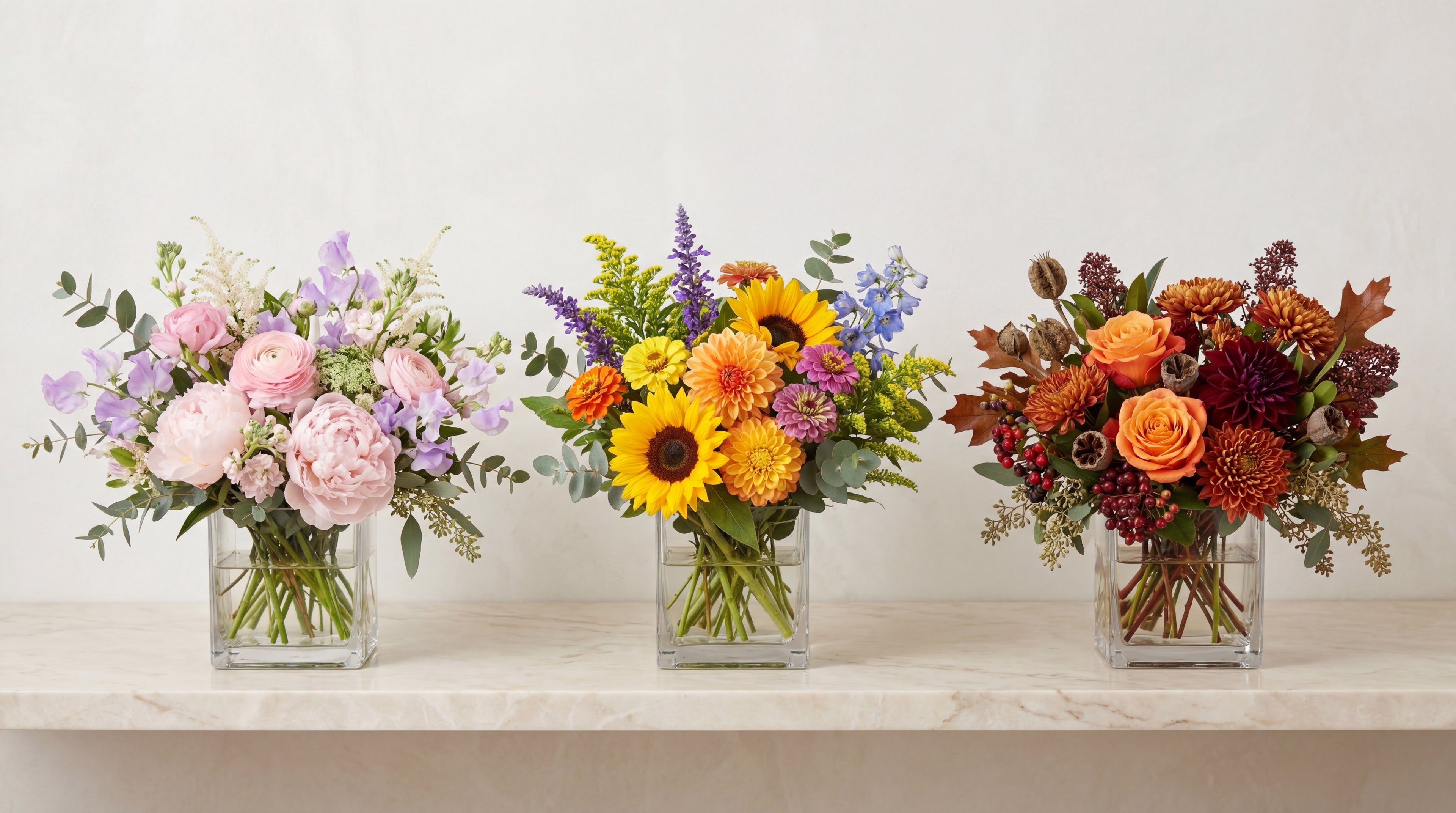 Three seasonal flower arrangements in glass vases by TJ Flowers NYC.