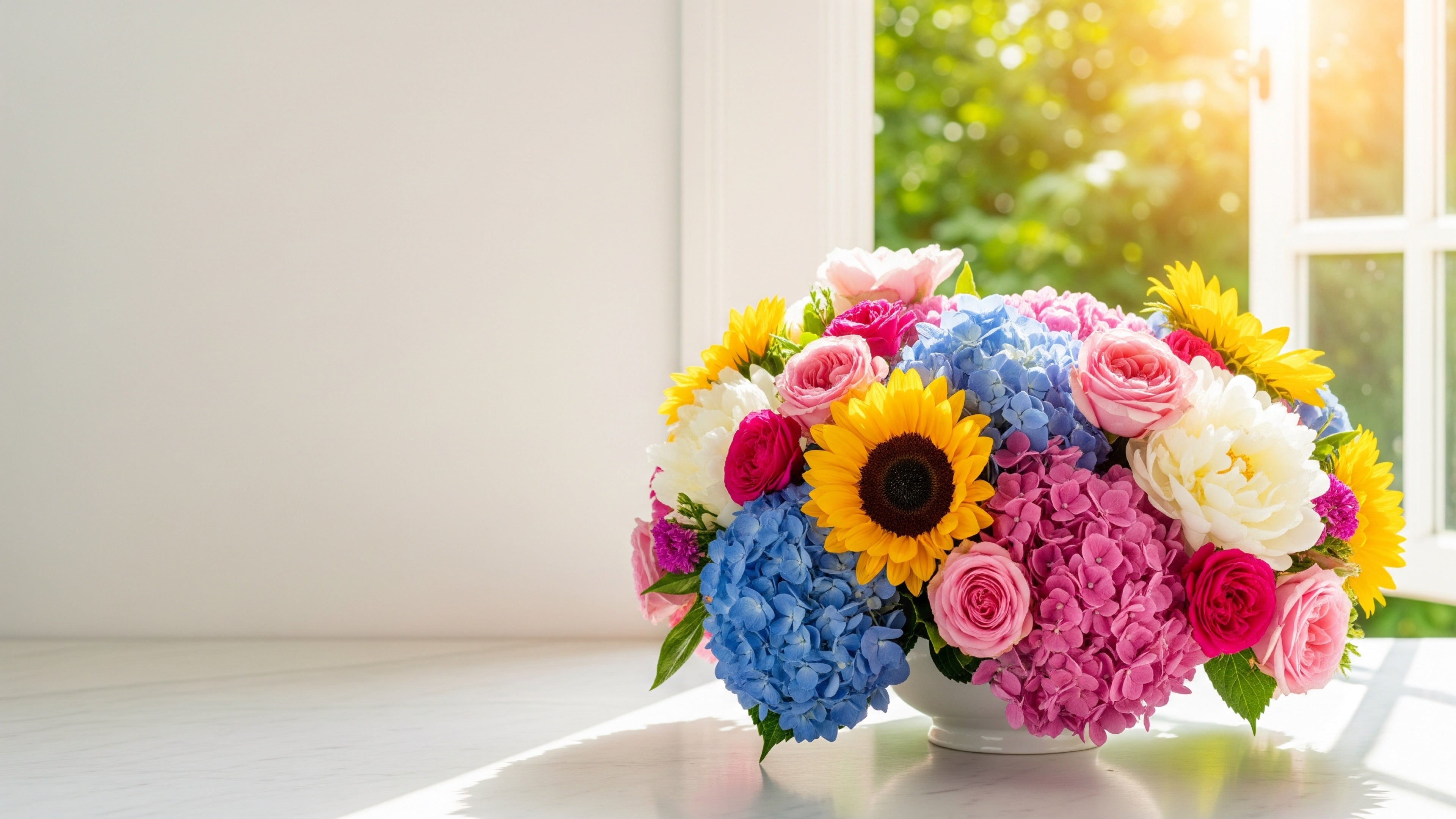 Vibrant summer flower arrangement with sunflowers, hydrangea and garden roses