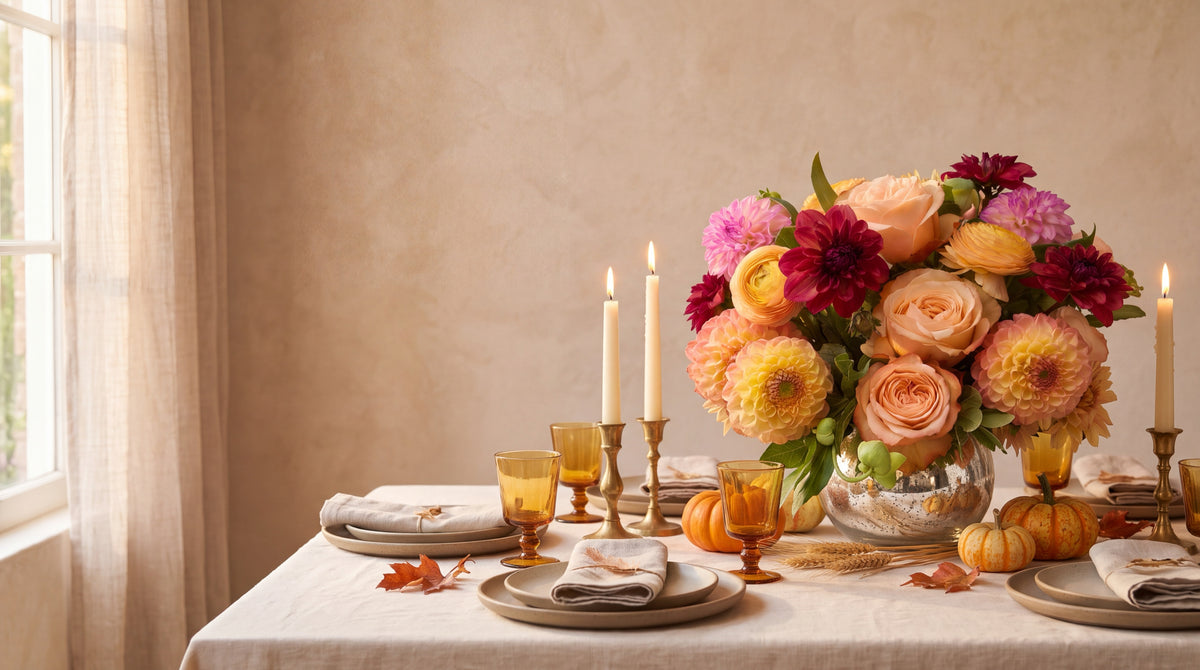 Thanksgiving dinner table with a low centerpiece of peach garden roses, ranunculus and dahlias in a silver vase, taper candles and small pumpkins - TJ Flowers NYC