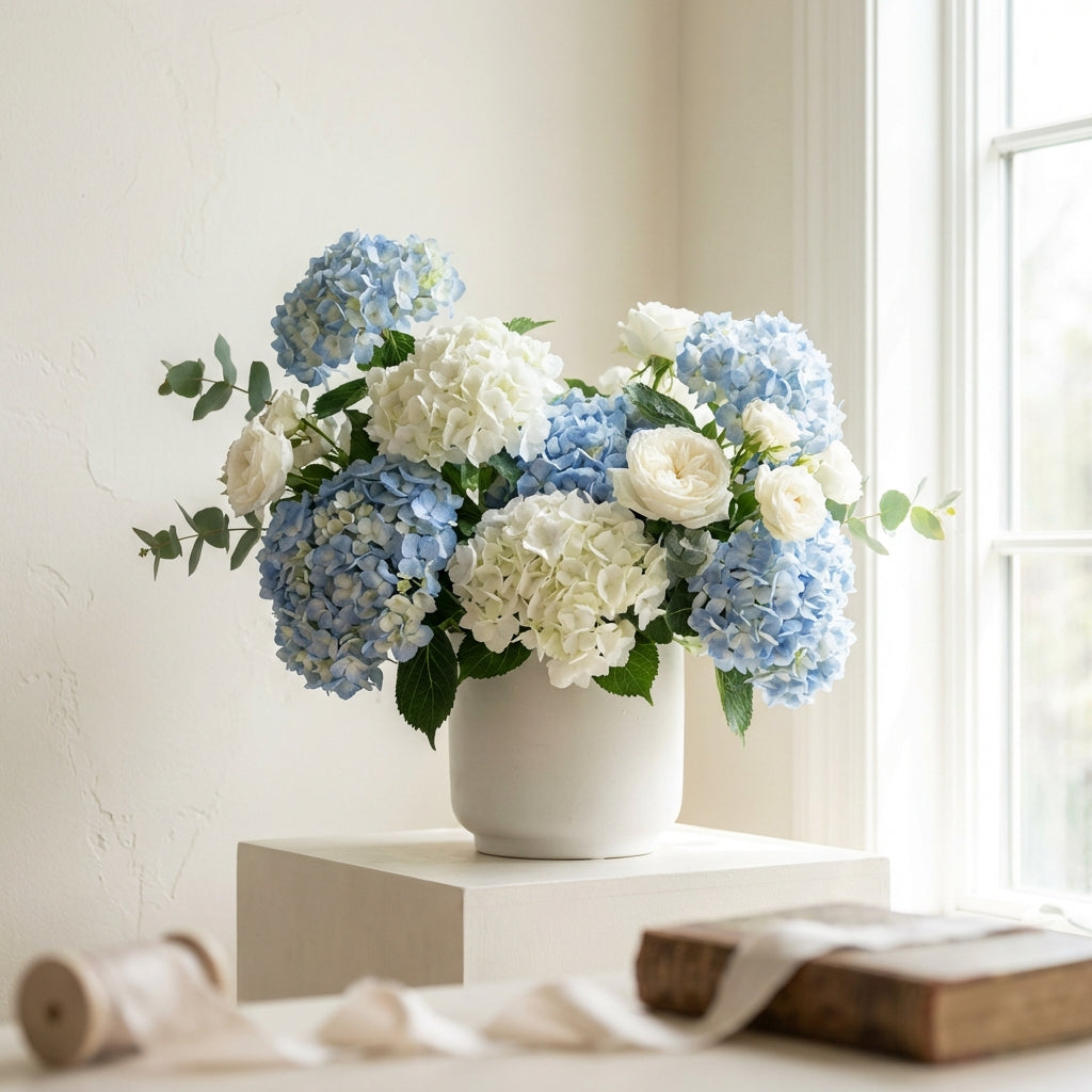 Blue and white hydrangea arrangement by TJ Flowers NYC