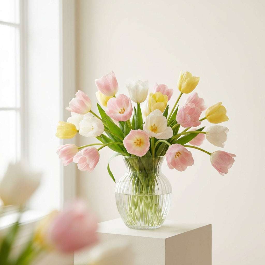 Fresh tulip arrangement in spring pastels by TJ Flowers NYC