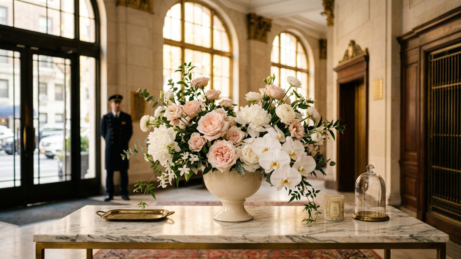 Upper East Side florist — luxury flower arrangement in a pre-war doorman building lobby, TJ Flowers NYC