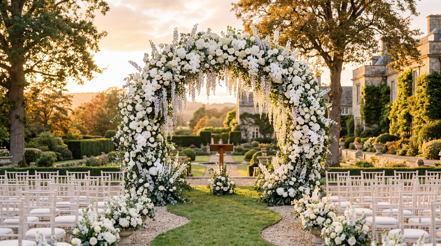 Luxury outdoor wedding ceremony setup with a large white floral arch by TJ Flowers.