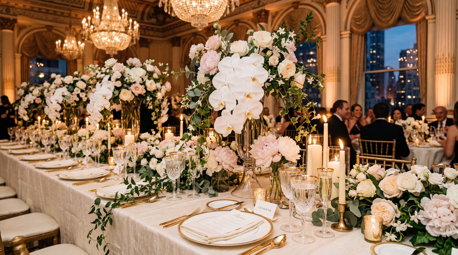 Luxury wedding reception table with white orchids and pink peonies by TJ Flowers & Events NYC.