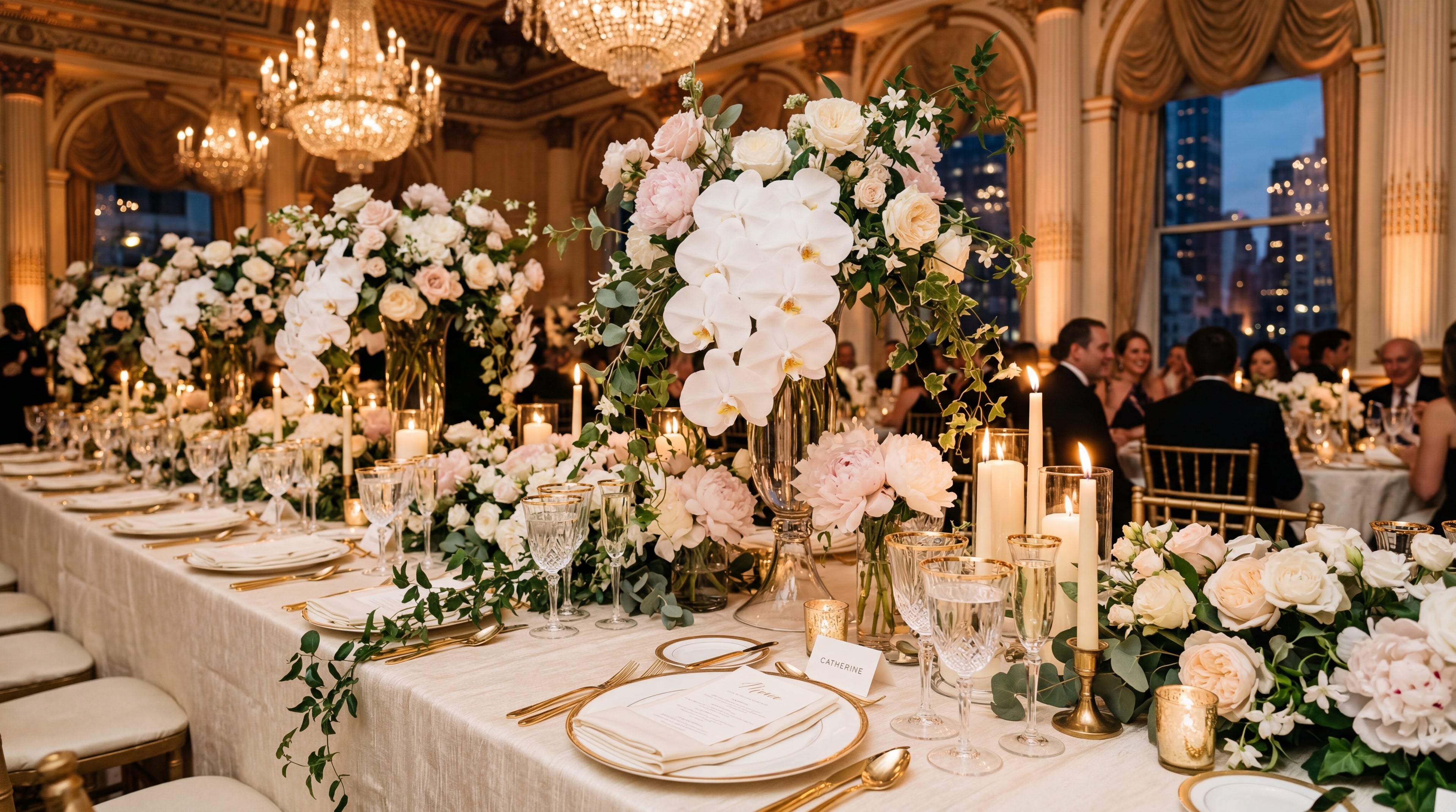 Luxury wedding reception table with white orchids and pink peonies by TJ Flowers & Events NYC.
