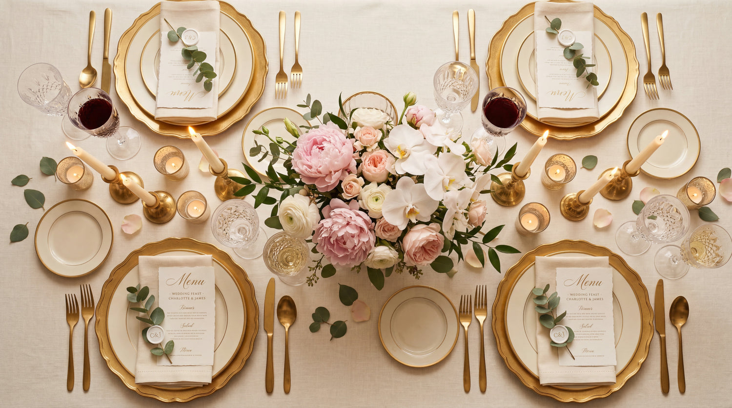 Elegant wedding tablescape with pink peonies, white orchids, candlelight, and gold-rimmed place settings.
