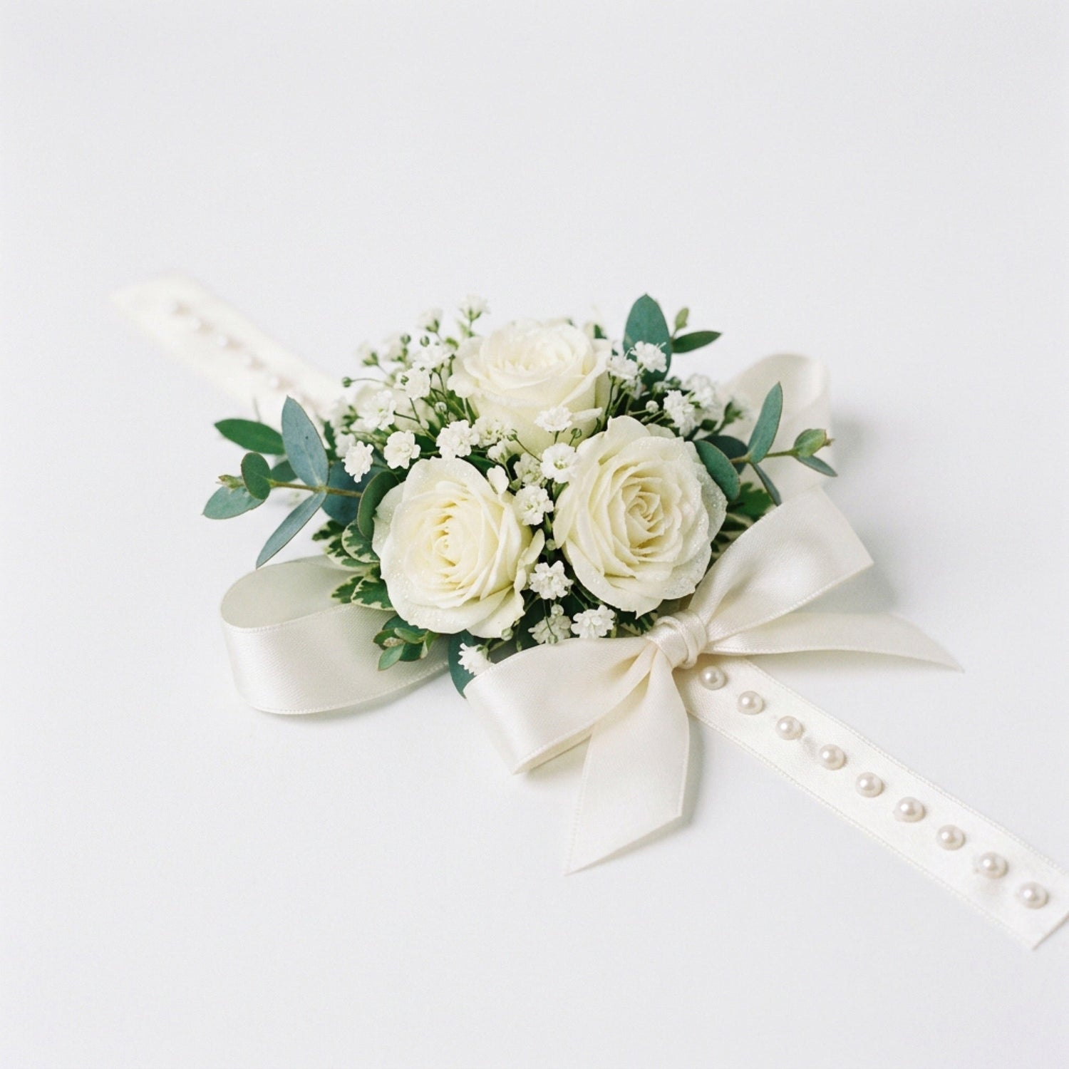 Classic white rose wrist corsage by TJ Flowers NYC